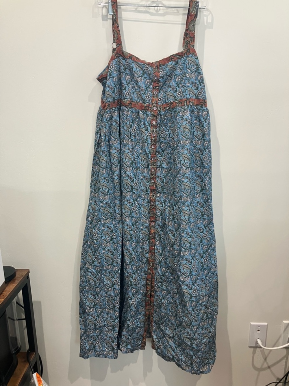 NATURAL LIFE Blue Floral Button-Front Cotton Dress with Rust Trim